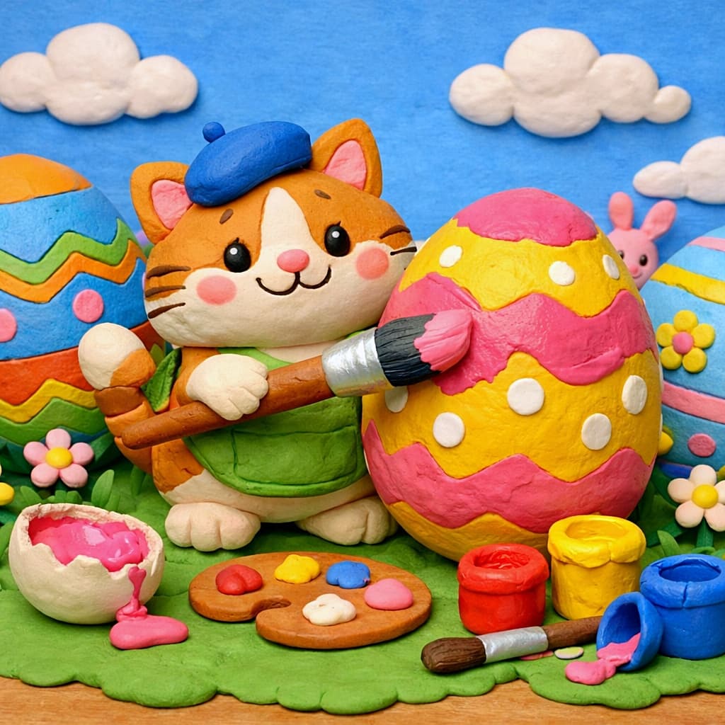 「クレイアニメの世界から飛び出したような猫アーティスト！
大きなイースターエッグを一生懸命ペイント中。カラフルな絵の具に囲まれて、春のアート制作がはじまります🐾🎨」Claymation-style chubby cat painting a giant colorful Easter egg with a large brush, surrounded by paint pots, decorated eggs, and spring flowers in a cheerful stop-motion scene. クレイアニメ風のぽっちゃり猫が大きな筆でカラフルなイースターエッグを塗っている。周りには絵の具や装飾された卵、春の花が並ぶ楽しいストップモーション風シーン