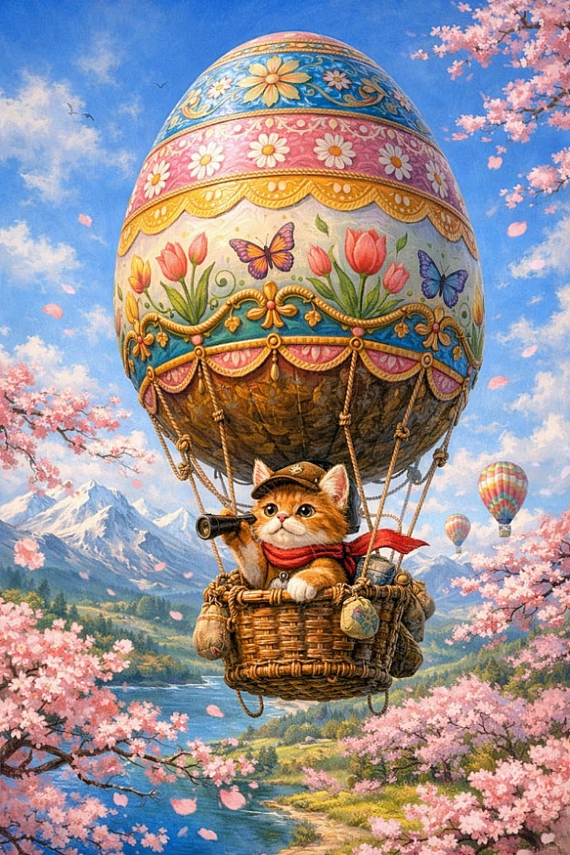 「桜舞う春の空へ出発！巨大イースターエッグ気球に乗った冒険子猫が、望遠鏡片手にふわりと空の旅。次はどんな景色に出会うのかな？🐾」Adventurous kitten riding in a basket beneath a giant decorated Easter egg hot-air balloon, flying over a spring landscape with cherry blossoms, mountains, and a winding river. 巨大なイースターエッグ型の気球のバスケットに乗った冒険家の子猫。桜が咲く春の風景、川や山々の上空を飛んでいる幻想的なイラスト