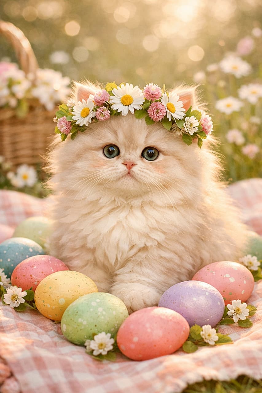 「春のピクニック会場に現れた花冠のふわふわ子猫。パステルカラーのイースターエッグに囲まれて、まるでおとぎ話の主役みたいな一枚です」Fluffy Persian kitten wearing a daisy flower crown, sitting on a picnic blanket surrounded by pastel Easter eggs in a dreamy spring meadow. デイジーの花冠をつけたふわふわのペルシャ子猫が、パステルカラーのイースターエッグに囲まれてピクニックブランケットの上に座っている春の幻想的なシーン