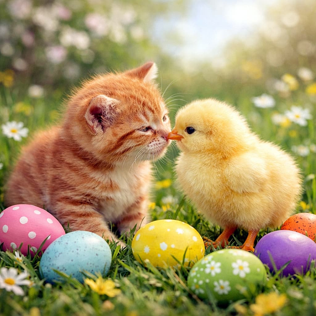 「春の草原で、茶トラの子猫とふわふわのひよこが“こんにちは”。カラフルなイースターエッグに囲まれて、思わず笑顔になるほっこり瞬間です🐣」Ginger tabby kitten touching noses with a fluffy yellow baby chick in a spring meadow, surrounded by colorful Easter eggs, soft focus, heartwarming scene. 春の草原でカラフルなイースターエッグに囲まれ、ふわふわの黄色いひよこと鼻を合わせる茶トラの子猫の心温まるシーン
