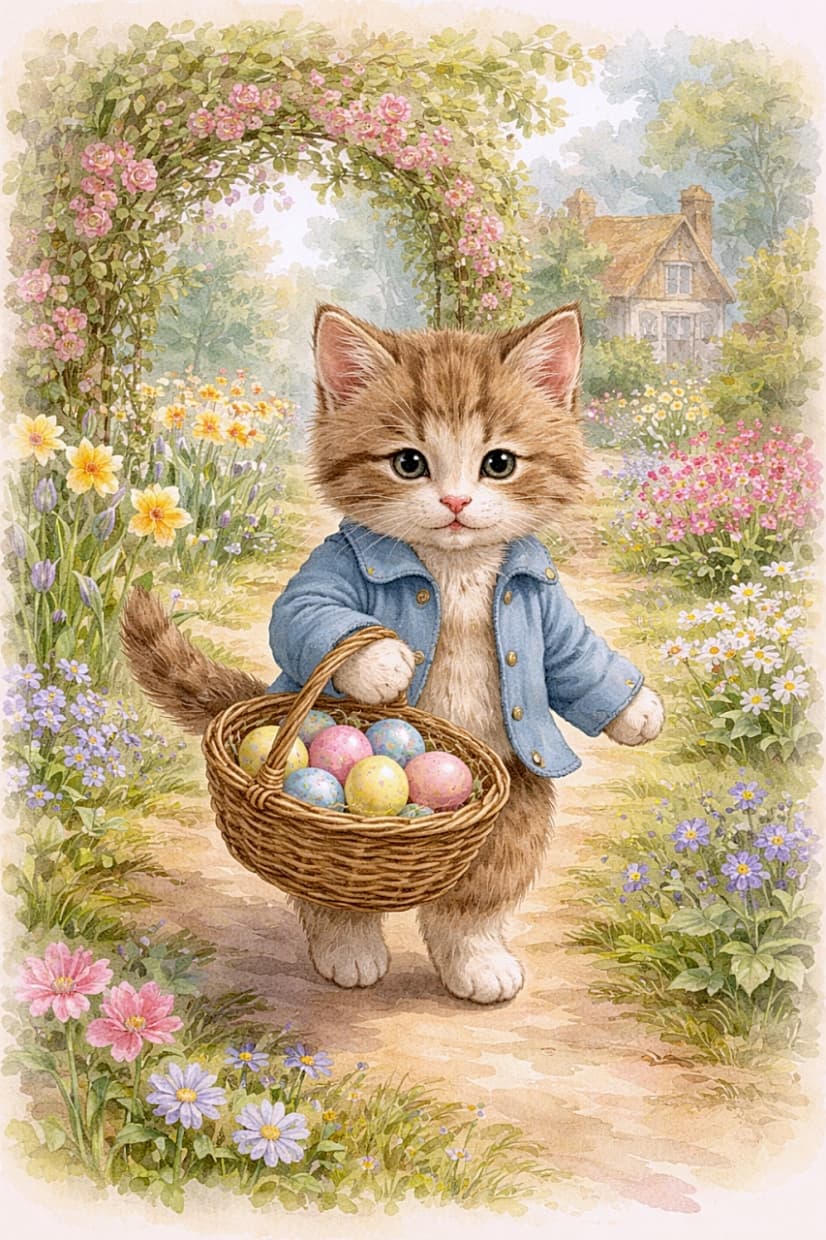 「花のアーチをくぐりながらイースターエッグを運ぶ小さな子猫。コテージへ続く春の小道が、まるで絵本のページみたいなやさしい世界」Watercolor illustration of a cute kitten in a blue jacket carrying a basket of pastel Easter eggs while walking along a flower-lined garden path beneath a blooming arch with a cottage in the background. 青いジャケットの子猫がパステルカラーのイースターエッグのバスケットを持って、花のアーチの下の小道を歩く水彩画。奥にはコテージが見える春の庭