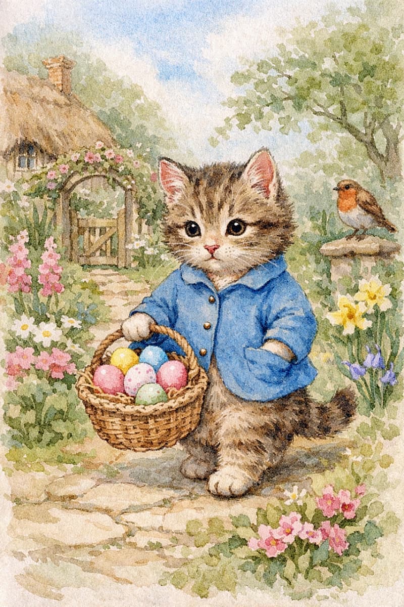 「青いジャケットの子猫がイースターエッグを届けにお散歩中。花いっぱいの庭ではロビンも見守り中。春の物語が始まりそうな一枚です」Watercolor illustration of a kitten wearing a blue jacket and carrying a basket of colorful Easter eggs while walking through a blooming English garden, with a robin perched on a stone ornament. 青いジャケットを着た子猫がイースターエッグの入ったバスケットを持って花咲くイングリッシュガーデンを歩く水彩画。石の飾りの上にはロビンが止まっている