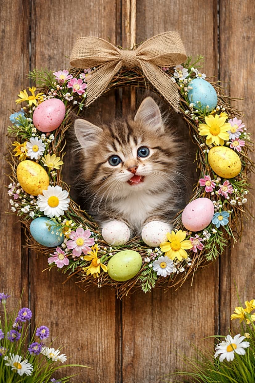 「春のリースからひょっこり登場！🌸お花とイースターエッグに囲まれて、ちょこんと顔を出した子猫が「こんにちは」とごあいさつ。玄関先が一気に春気分になるかわいさです」Playful kitten poking its head through a decorative Easter wreath made of twigs, flowers, and colorful eggs hanging on a rustic wooden door. 花やカラフルなイースターエッグで飾られたリースから顔を出す子猫。木製ドアに掛けられた春らしい装飾