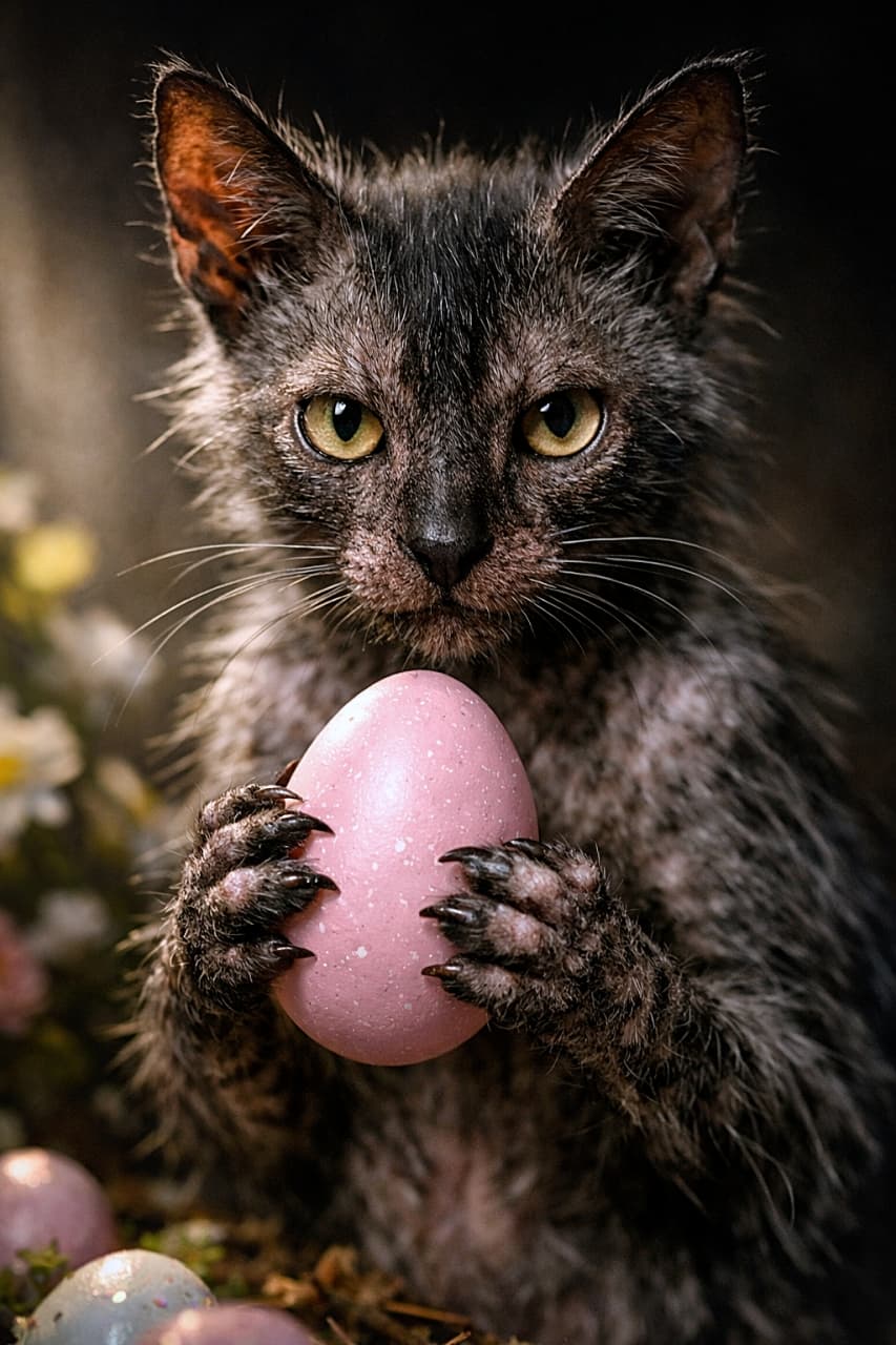 「ワイルドな“狼猫”ライコイが、ふんわりピンクのイースターエッグをぎゅっ。ちょっと怖い見た目なのに、春アイテムとのギャップがたまらない一枚！🐺🐱🥚🌸」A highly detailed Lykoi “werewolf” cat with sparse fur holding a pastel pink Easter egg in its paws, dramatic cinematic lighting highlighting the contrast between its rugged appearance and the delicate spring-themed egg. まばらな被毛が特徴のライコイ（ワーウルフキャット）が、淡いピンクのイースターエッグを両前足で抱えている様子。荒々しい見た目と春らしい可愛い卵の対比が印象的なシネマティック写真