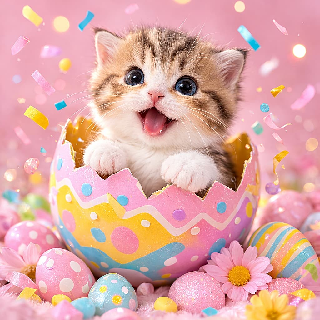 「イースターエッグの中からひょっこり登場！花とカラフルな卵に囲まれて、マンチカン子猫が春のお祝いを全力で楽しんでいます」A cute Munchkin kitten smiling from inside a cracked pastel Easter egg surrounded by decorated eggs and spring flowers on a pink background. 割れたパステルカラーのイースターエッグの中から笑顔を見せるマンチカンの子猫。花とイースターエッグに囲まれた春のスタジオ写真