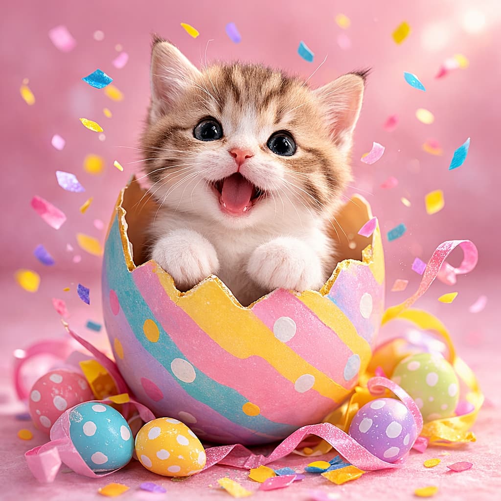 「パカッ！巨大イースターエッグからマンチカン子猫が元気に登場。カラフルな紙吹雪が舞う、春のお祝いムード満点のハッピーショット！」A joyful Munchkin kitten popping out of a giant colorful cracked Easter egg with confetti flying in the air, pastel pink background, bright studio lighting. 巨大なカラフルなイースターエッグから顔を出すマンチカンの子猫。周りに紙吹雪が舞う、明るいピンク背景のスタジオ写真