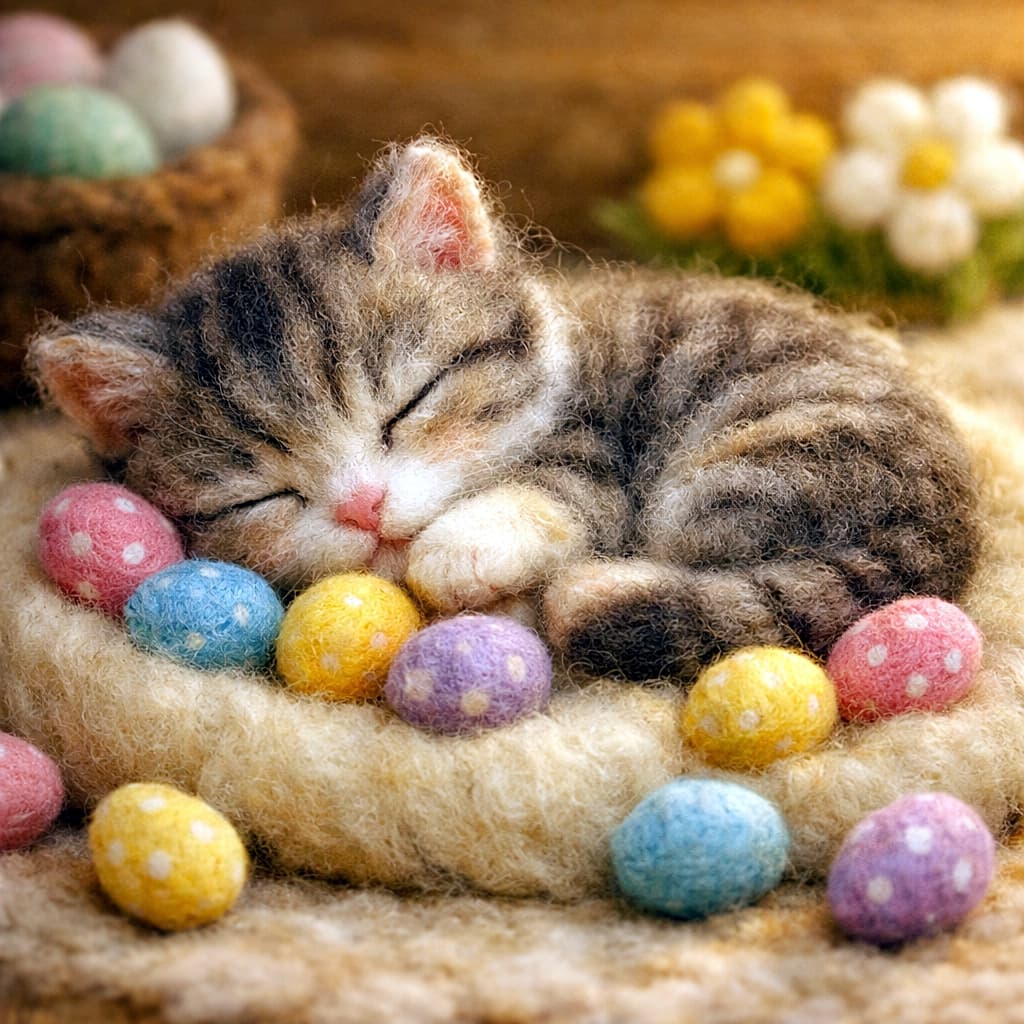 「ふわふわ羊毛フェルトの子猫が、イースターエッグに囲まれてすやすやお昼寝中。やさしい光と手作りの温もりが広がる、ほっこり春のクラフトワールド🐾」Sleeping needle-felted kitten curled in a wool nest surrounded by colorful Easter eggs, cozy handmade craft scene with warm lighting. 羊毛フェルトで作られた眠る子猫が、カラフルなイースターエッグに囲まれてウールの巣で丸くなっている、温かくかわいいハンドメイド風シーン