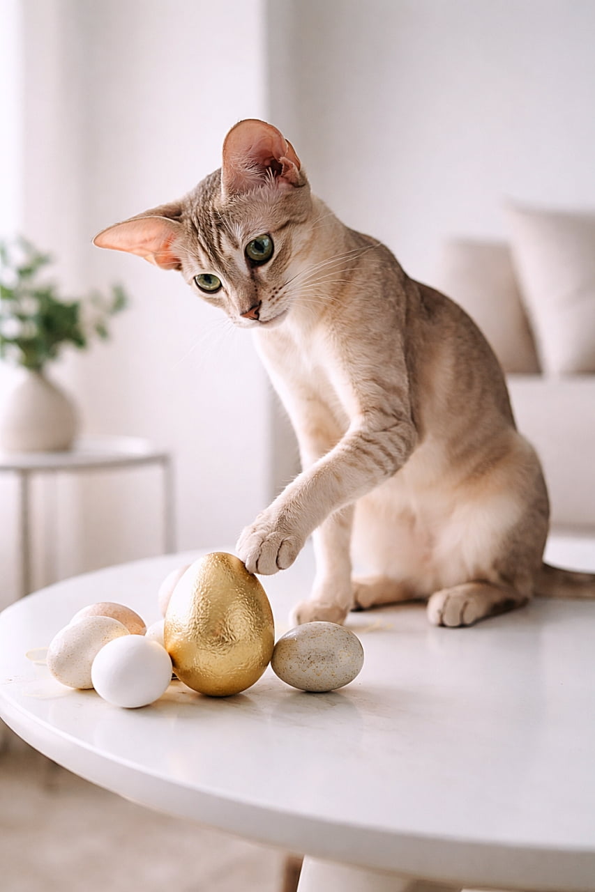 「大きな耳がチャームポイントのオリエンタルショートヘア。金色のイースターエッグをそっとタッチして、ちょっと不思議そうな表情がたまらない春のワンシーン」Elegant Oriental Shorthair cat with large ears gently tapping a golden Easter egg on a white table in a minimalist modern interior ミニマルなモダン空間の白いテーブルで、金色のイースターエッグを前足でそっと叩くオリエンタルショートヘアの猫