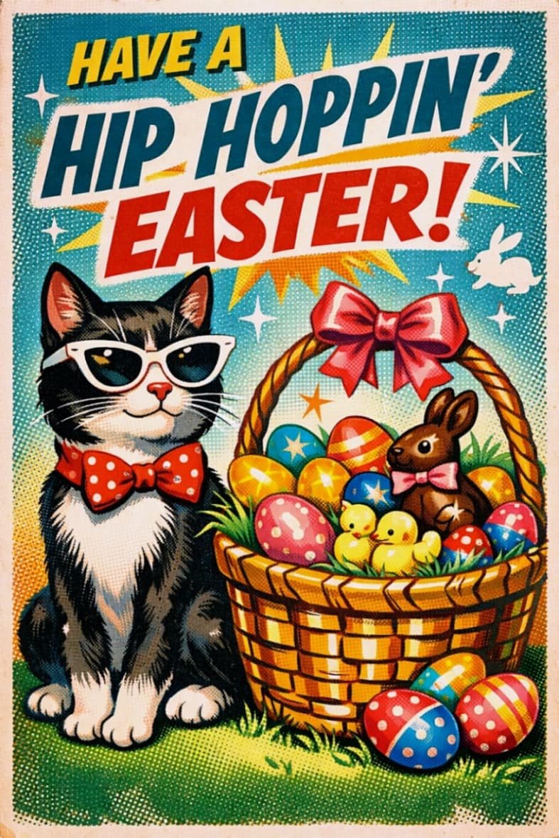「サングラス猫がイースターバスケットと一緒に登場！1950年代アメリカのレトロポスター風カラーが楽しい、ちょっとクールでポップなイースターアート🐾」Retro 1950s American vintage poster of a stylish cat wearing sunglasses sitting beside a colorful Easter basket filled with decorated eggs and a chocolate bunny, with halftone dots and vibrant mid-century colors. 1950年代アメリカのレトロポスター風デザイン。サングラスをかけたおしゃれな猫が、カラフルなイースターエッグとチョコレートのウサギが入ったバスケットの横に座っている