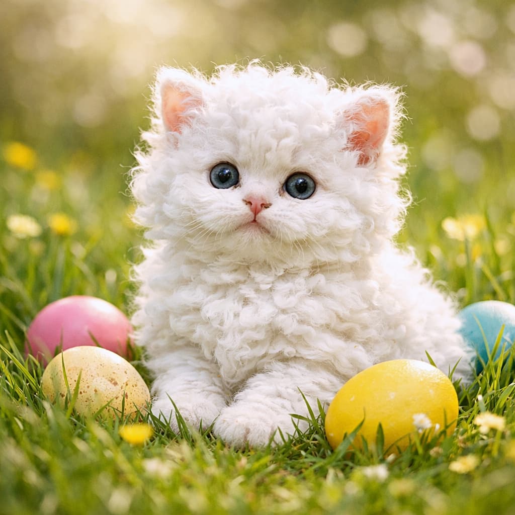 「くるくる羊みたいな毛並みのセルカークレックスの子猫。春の草原でイースターエッグに囲まれて、ふわふわ可愛い癒やしのひととき」Selkirk Rex kitten with curly lamb-like fur sitting in spring grass surrounded by colorful Easter eggs in soft sunlight. 春の草原でカラフルなイースターエッグに囲まれて座る、羊のような巻き毛のセルカークレックスの子猫