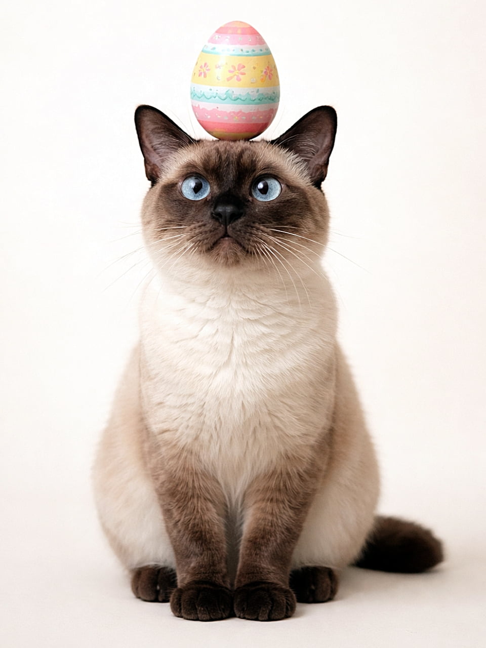 「頭の上にイースターエッグをちょこん。落ち着いてるのか困ってるのか…？絶妙バランスに戸惑うシャム猫が、なんとも言えない可愛さ」A calm Siamese cat sitting upright with a colorful decorated Easter egg perfectly balanced on its head against a soft pastel background. パステル背景の前で静かに座り、頭の上にカラフルなイースターエッグを絶妙なバランスで乗せているシャム猫
