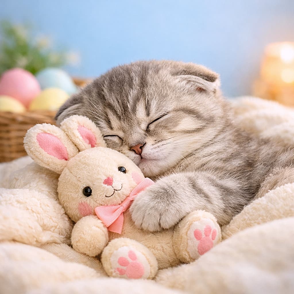 「ぬいぐるみのイースターバニーをぎゅっと抱えて夢の中。ふわふわのスコティッシュフォールド子猫が見せる、思わず頬がゆるむ春の癒やしシーン」Sleeping Scottish Fold kitten hugging a plush Easter bunny toy on a soft blanket, pastel blue background, warm cozy light. ぬいぐるみのイースターバニーを抱きしめて眠るスコティッシュフォールドの子猫。パステルブルー背景のやさしい光の部屋