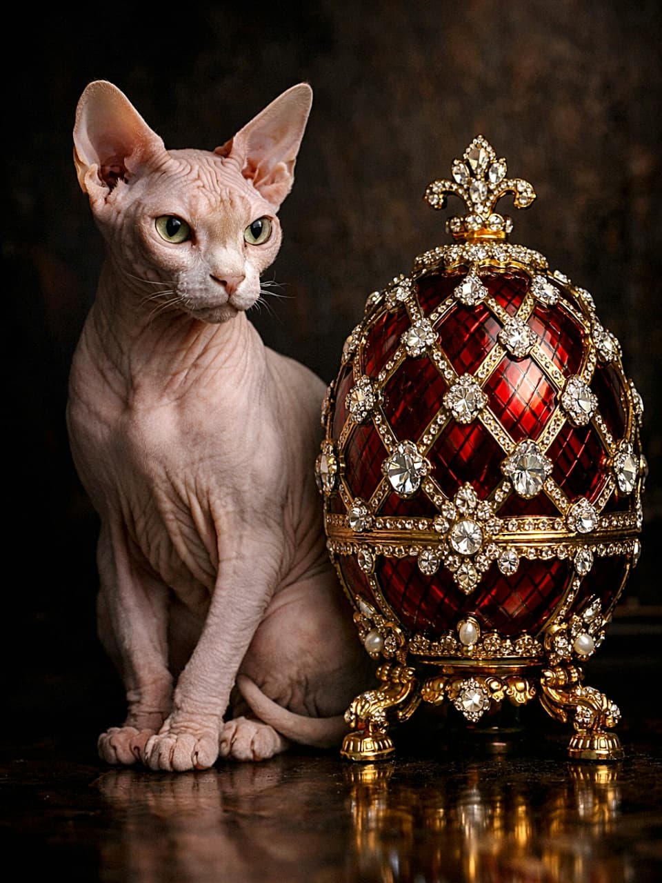 「宝石きらめくファベルジェ風イースターエッグの隣で、スフィンクス猫が優雅にポーズ。ツルツル肌×ゴールドの対比がちょっと贅沢でアートな一枚✨」Hairless Sphynx cat sitting elegantly beside a luxurious jewel-encrusted Fabergé Easter egg with gold and diamonds, set against a dark moody background. 宝石と金で装飾された豪華なファベルジェ風イースターエッグの隣に優雅に座るスフィンクス猫。暗くムーディーな背景のアート写真