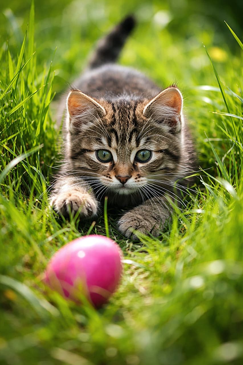 「草むらに身をひそめてロックオン！ピンクのイースターエッグを獲物に見立てた子猫ハンター。次の瞬間、ぴょんっと飛びかかる予感…！？🐾🥚」Tabby kitten crouching in tall green grass in a hunting pose, focused on a bright pink Easter egg, dynamic nature photography style. 背の高い緑の草むらで狩りの姿勢に身を低くするキジトラの子猫。目の前の鮮やかなピンクのイースターエッグを狙っている自然写真風のシーン