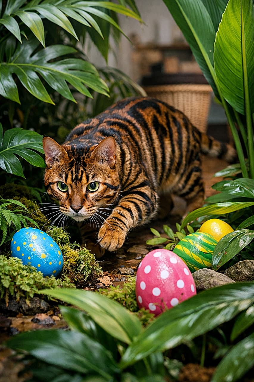「トラ柄がかっこいいトイガー猫、トロピカルな観葉植物のジャングルでイースターエッグ探し！小さなハンターみたいな真剣な表情がかわいい🐯🥚🌿」Toyger cat with bold tiger stripes hunting colorful Easter eggs among lush tropical indoor plants. 大きなトロピカル観葉植物の間で、カラフルなイースターエッグを探して狩りのように歩くトイガー猫