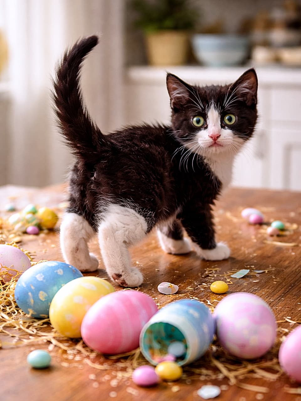 「倒れたイースターエッグの列…。振り返る子猫の顔は「ぼくじゃないよ？」と言っているけど、どう見ても犯人はキミです🐾🥚」Mischievous tuxedo kitten walking away from a row of knocked-over pastel Easter eggs on a wooden table, looking back with an innocent expression. 木製テーブルの上で倒れたパステルカラーのイースターエッグの横を歩き去りながら、無実そうな顔で振り返るタキシード柄の子猫
