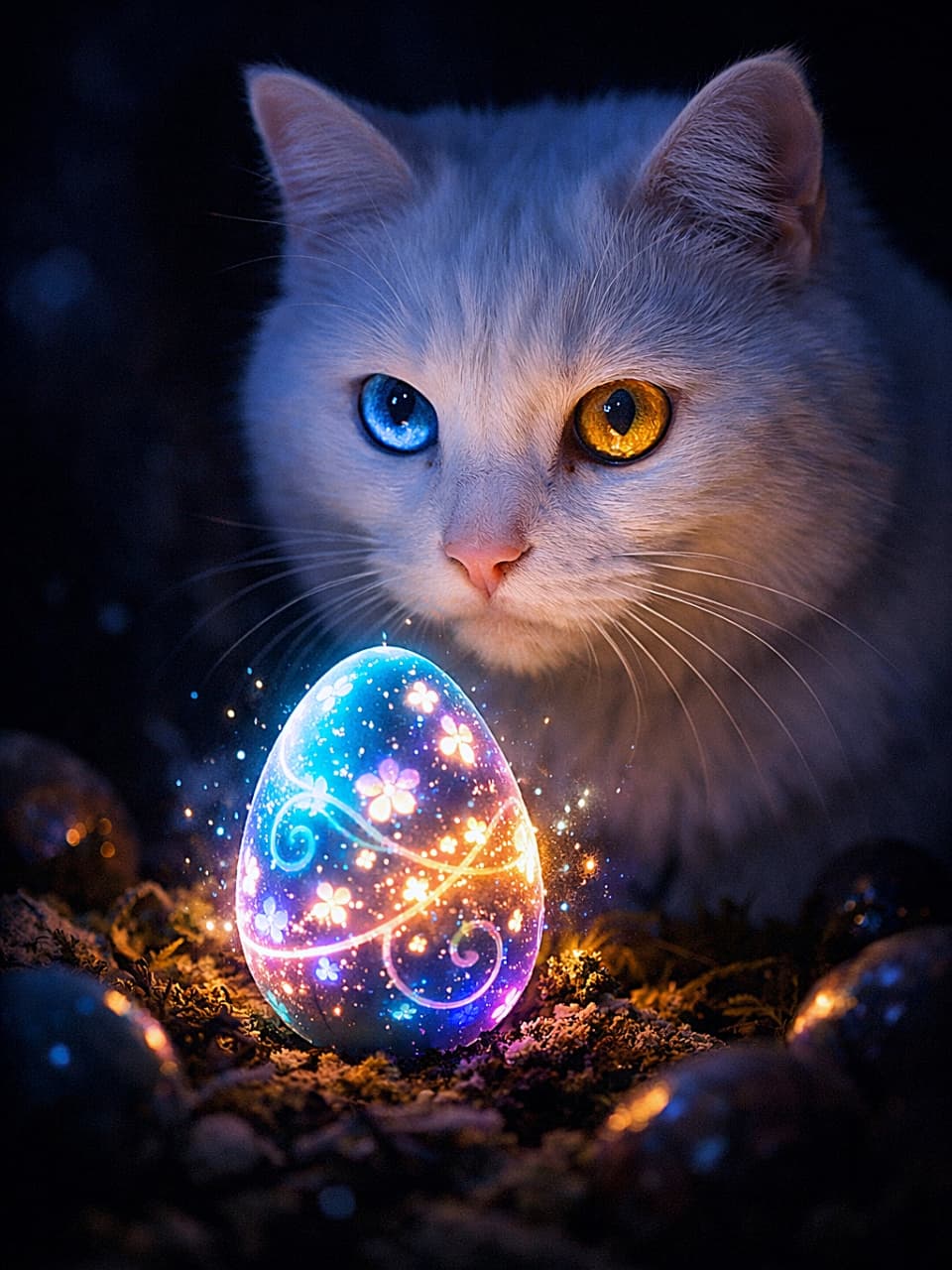 「暗闇でキラリ…魔法のイースターエッグに完全ロックオン！青と金のオッドアイに光が映って、白猫さんも思わずうっとりの幻想ミステリー🐾✨」A pure white cat with heterochromia—one blue eye and one golden eye—stares mesmerized at a glowing magical Easter egg in a dark room, the bioluminescent light reflecting brightly in its eyes. 青い目と金色の目のオッドアイを持つ白猫が、暗い部屋で光る魔法のイースターエッグをうっとり見つめている。発光する光が猫の瞳に幻想的に映り込んでいる