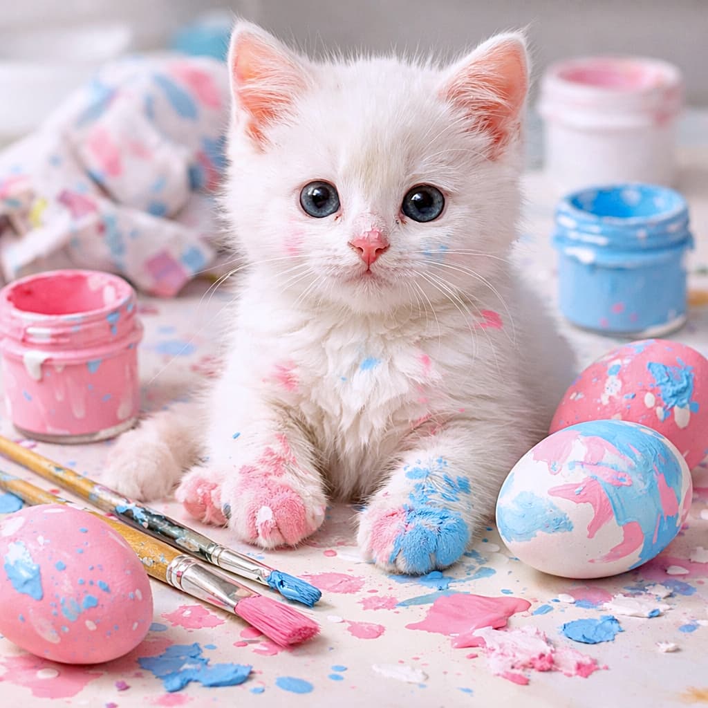 「「ぼくじゃないよ？」と言いたげな顔。でも前足はピンクとブルーの証拠つき。イースターエッグ制作現場でやらかした、かわいい犯人の決定的瞬間！ 🐾🥚🎨」White kitten with pastel pink and blue paint on its paws sitting beside half-painted Easter eggs and scattered paintbrushes in a messy, colorful studio scene. パステルピンクとブルーの絵の具がついた前足の白い子猫が、塗りかけのイースターエッグや筆のそばでちょこんと座っているカラフルで散らかった制作シーン