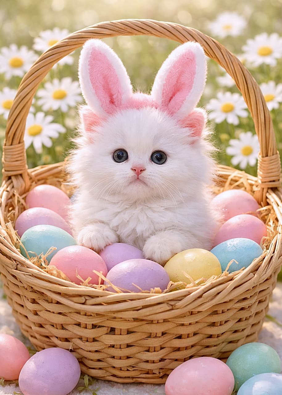 「うさぎ耳をつけた白い子猫が、カラフルなたまごいっぱいのイースターバスケットにちょこん！春の日差しとデイジーに囲まれて、かわいさ満開のイースターにゃんこ🐣🌼」Fluffy white kitten wearing pink bunny ears sitting in a woven Easter basket filled with pastel-colored eggs, with daisies in the background, bright spring sunlight, photorealistic ピンクのうさぎ耳をつけたふわふわの白い子猫が、パステルカラーのイースターエッグが入ったバスケットの中に座っている。背景にはデイジーの花、春の日差しのフォトリアルなシーン