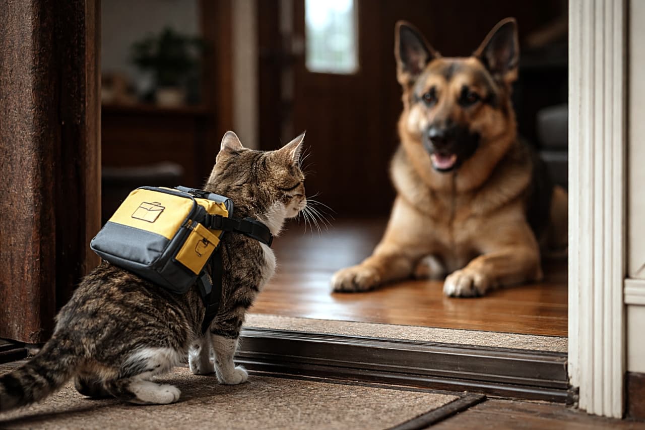 「配達きたけど…中にラスボスいるんだが！？一歩踏み出す勇気と、帰りたい気持ちがせめぎ合う瞬間🐾」A photorealistic horizontal image of a cautious tabby cat wearing a small delivery backpack standing at a doorway, facing a large dog waiting inside, with subtle tension in their posture under warm indoor lighting. 小さな配達用リュックを背負ったキジトラ猫がドアの前で慎重に立ち、室内で待つ大型犬と向き合う、緊張感のある横長の写実的な写真