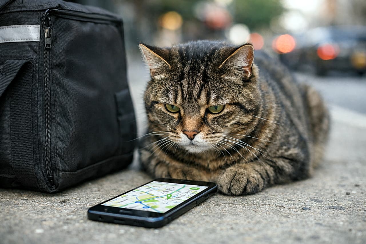 「配達前の最終チェック中？歩道に座った猫がスマホの地図を真剣に確認。隣のデリバリーバッグとあわせて、仕事モード全開の姿がちょっと頼もしい一枚」A serious-looking tabby cat sitting on a sidewalk, staring intently at a smartphone displaying a map app, with a delivery bag beside it and a softly blurred city background. 歩道に座った真剣な表情のキジトラ猫が、地図アプリを表示したスマートフォンをじっと見つめている。横にはデリバリーバッグが置かれ、背景の街並みはやわらかくぼけている