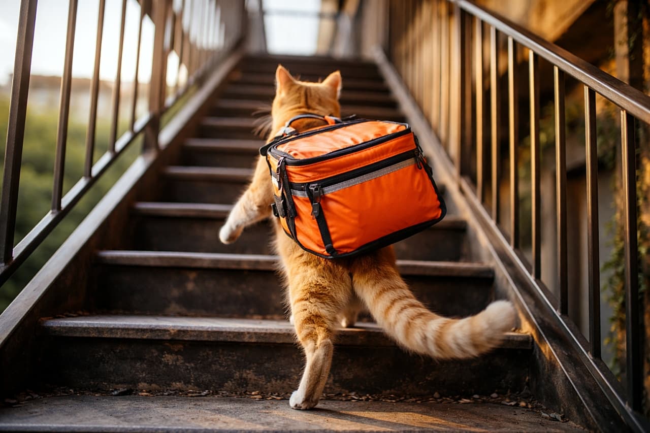 「今日の配達は上の階！リュックを揺らしながら階段をトコトコ登る配達猫。ちょっと大変だけど、目的地まであと少し🐾📦🐱」Photorealistic scene of a cat climbing an outdoor apartment staircase with a delivery backpack, captured from a dynamic angle with shallow depth of field. 配達用バックパックを背負った猫が屋外アパートの階段を登る様子を、ダイナミックな角度と浅い被写界深度で捉えたリアルな写真