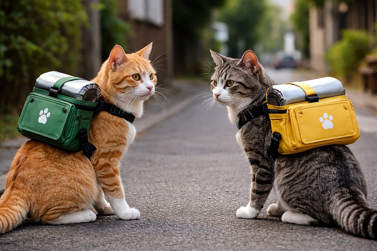 「配達中の猫どうし、静かな路地ですれ違いざまにチラッとアイコンタクト。今日もどこかで、猫配達員たちが街を駆け回っています🐾📦」Two cats with small delivery backpacks pass each other on a quiet residential street, exchanging subtle eye contact in natural daylight. 小さな配達用バックパックを背負った2匹の猫が、静かな住宅街の道ですれ違いながらさりげなく目を合わせている様子