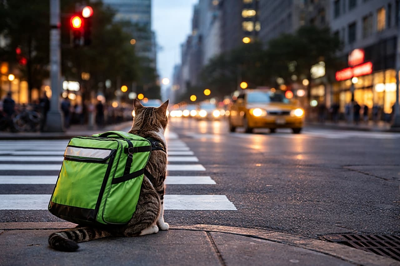 「赤信号でしっかり待機中のデリバリー猫。背中のバッグが頼もしすぎて、次の配達先がちょっと気になってくる一枚です📦🐱」A tabby cat wearing a green delivery backpack sits at a crosswalk in a city, facing a red traffic light with blurred cars in the background. 緑のデリバリーバッグを背負った茶トラ猫が、都市の横断歩道で赤信号を見つめながら座っている様子。背景には車の光がぼけている