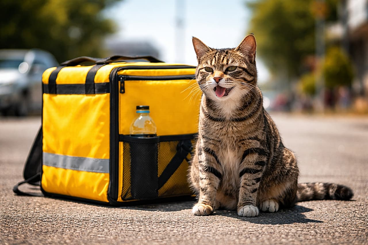 「真夏のアスファルトはまるでフライパン…！配達バッグを横にひと休みする猫配達員。陽炎ゆらゆら、今日はちょっとクールダウン中🐾☀️」Photorealistic scene of a tabby cat sitting on hot pavement under bright summer sunlight, slightly panting, with a yellow delivery backpack beside it and visible heat haze. 真夏の強い日差しの下、熱い舗装路面に座り少し息を切らすキジトラ猫。隣には黄色い配達用バックパックが置かれ、陽炎が揺れているリアルな風景
