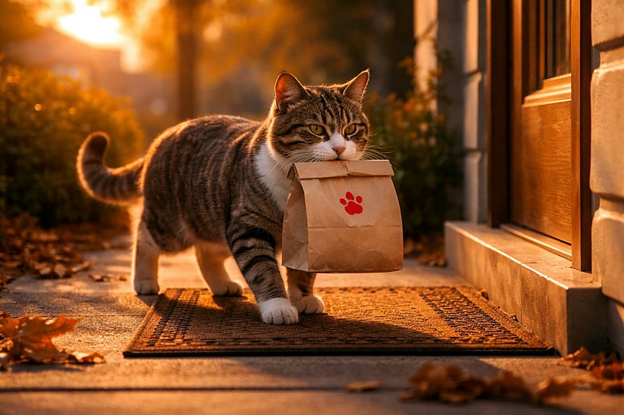 「夕焼けの玄関先にそっと置き配。小さな紙袋をくわえた配達猫が、今日もきちんとお届け完了！ほっこりする“にゃんこデリバリー”の瞬間です📦🐱」A photorealistic scene of a tabby cat placing a small food delivery package at a house doorstep, holding a brown paper bag in its mouth, illuminated by warm sunset light with long realistic shadows. 夕暮れの暖かい光に照らされた玄関先で、口に小さな紙袋のフードパッケージをくわえ、置き配しようとしているキジトラ猫のフォトリアルなシーン