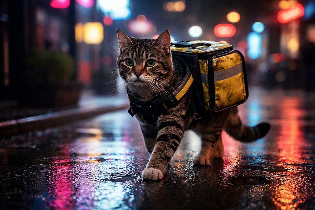 「ネオンきらめく夜の街をてくてく配達中。ちょっと使い込んだバッグが似合う、クールで頼れる猫デリバリーのひとコマ！🐾📦🐱」A photorealistic image of a tabby cat walking along a neon-lit city street at night, wearing a slightly worn delivery backpack, with colorful reflections on the wet pavement and a shallow depth of field. ネオンに照らされた夜の街を歩くキジトラ猫が、少し使い込まれた配達用バックパックを背負い、濡れた路面にカラフルな光が反射するフォトリアルなシーン