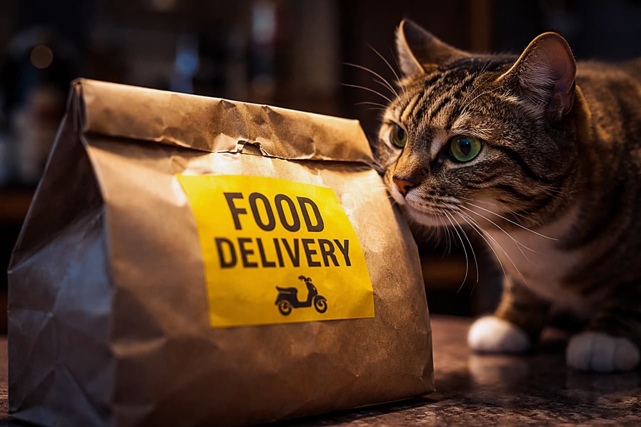 「配達バッグの前でストップ。キジトラ猫が鼻を近づけて念入りチェック中。「この匂い…もしやごちそう？」とでも言いたげな鋭い表情がたまらない一枚📦🐱」A photorealistic close-up of a tabby cat suspiciously sniffing a brown food delivery bag on a table, with dramatic warm lighting and shallow depth of field. テーブルの上に置かれたフードデリバリーバッグを、疑い深そうにくんくん嗅ぐキジトラ猫のクローズアップ写真。暖かい光と浅い被写界深度