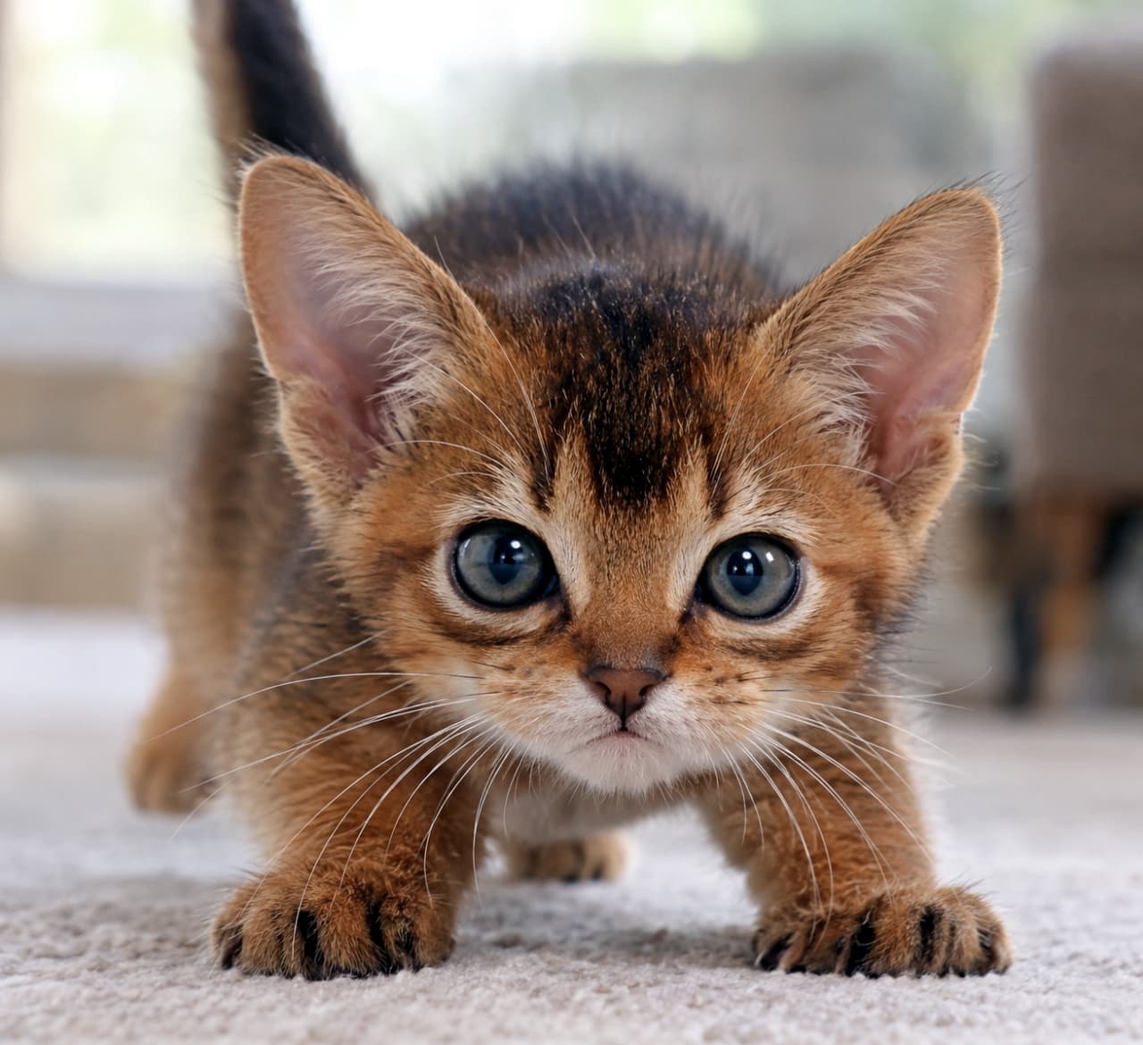 「ロックオン完了!😼 ハンターモード全開な真剣なお顔と、キュッと結んだようなωのお口が最高にクールです🔥」An ultra-realistic high-quality photograph of an Abyssinian kitten in a crouching hunter's pose on a beige carpet, ready to pounce. Its large ears, almond-shaped eyes, and tensely spread ω-shaped whisker pads evoke a touch of wildness. ベージュのカーペットの上で前傾姿勢になり、今にも飛びかかりそうなハンターのポーズをとるアビシニアンの子猫。大きな耳とアーモンド型の瞳、そして緊張感でキュッと横に張ったω形のウィスカーパッドが野生味を感じさせる