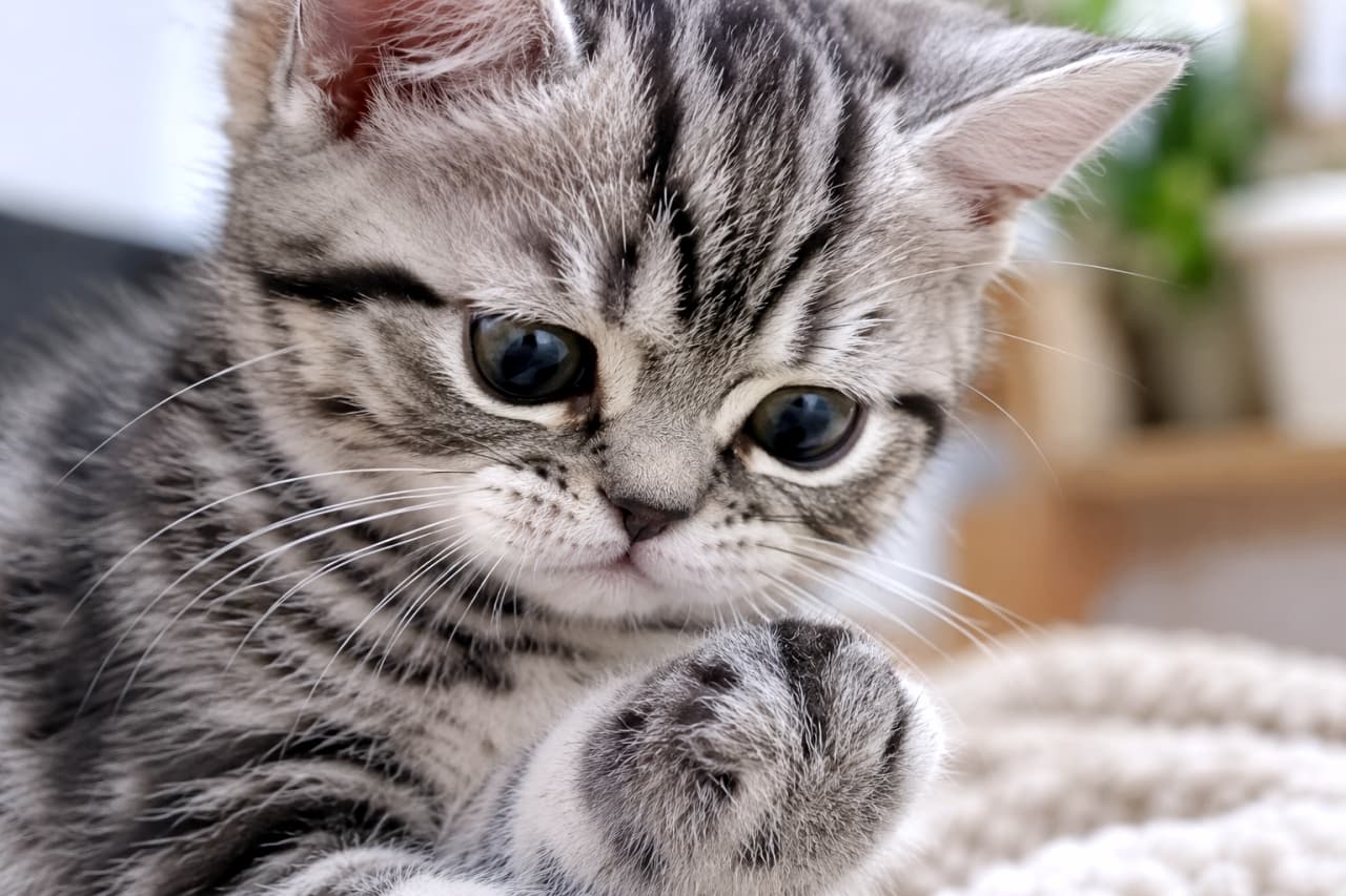 「自分の肉球に興味津々?🐾 おててを見つめる真剣な眼差しと、綺麗なωのカーブを描くお口元が愛おしすぎます💕」An ultra-realistic high-quality photograph of a silver tabby American Shorthair kitten looking curiously at its own raised left front paw on a fluffy surface. Its round eyes and adorable ω-shaped whisker pads, emphasized by looking downward, are highly detailed. ふわふわの布の上で、持ち上げた自身の左前足の肉球側を不思議そうにじっと見つめるシルバータビーのアメリカンショートヘア子猫。まん丸の瞳と、少し下を向くことで強調された愛らしいω形のひげ袋が緻密に描写されている