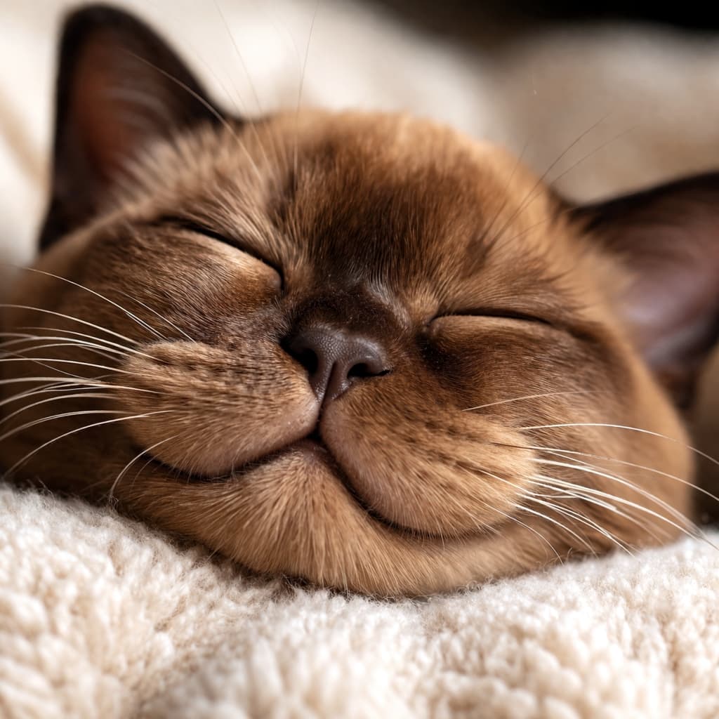 「むぎゅっと潰れたω口が尊すぎる…！ふわふわ毛布に顔をうずめて夢の中、見てるだけで心がとろける癒やしショット」An extreme close-up of a Burmese kitten with its face gently squished into a fluffy blanket, eyes closed, showing pronounced whisker pads and a deeply squished W-shaped mouth. ふわふわの毛布に顔を押しつけて眠るバーミーズ子猫の超接写。ヒゲ袋が強調され、よりむにっと潰れたω口が際立つ