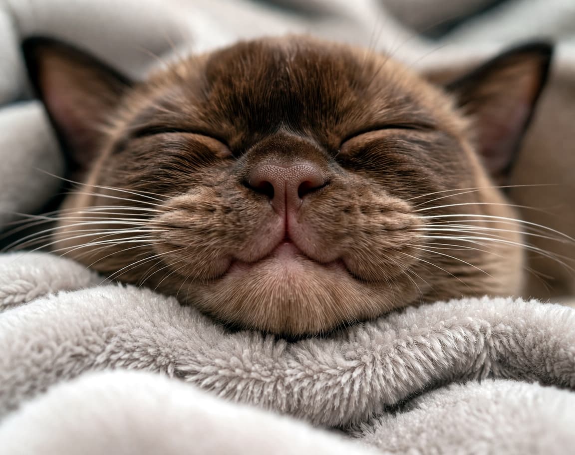 「むにっと整ったω口がたまらない…！毛布にあごをあずけてゴロゴロ中のごきげん子猫に、癒やしが止まらない瞬間です」A photorealistic close-up of a Burmese kitten resting its chin on a soft blanket, eyes closed and purring, with puffy whisker pads and a neatly squished W-shaped mouth. やわらかい毛布にあごをのせて眠るバーミーズの子猫の超接写。ふっくらしたヒゲ袋と、きれいに潰れたω口が印象的