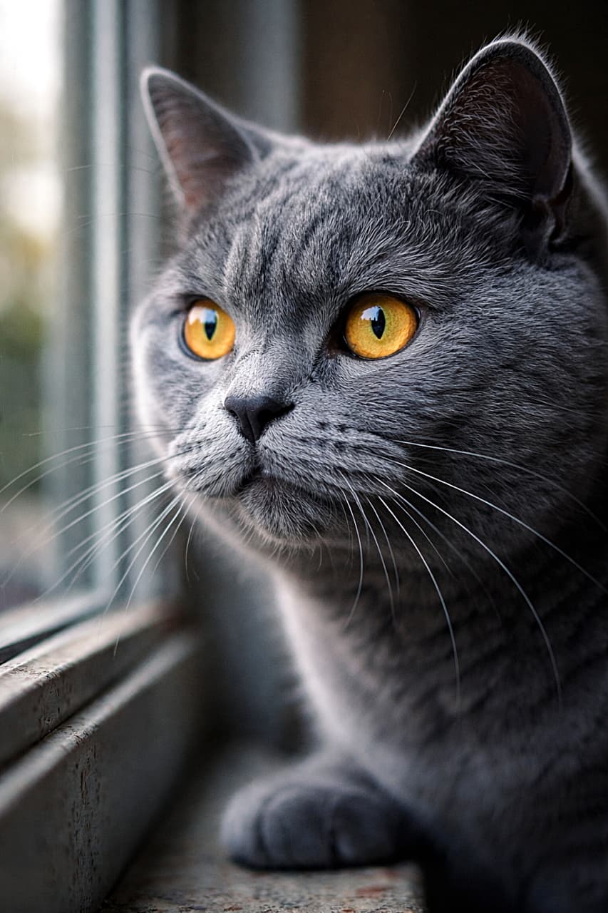 「外の鳥に全集中モード！キリッと引き締まったω口とぷくっとした口元がたまらない、ハンター気質全開の瞬間です🐾✨」A photorealistic close-up of a Chartreux adult cat intensely watching a bird outside a window, highlighting its puffy whisker pads and a tense, distinct 'w'-shaped feline mouth. 窓の外の鳥に強く見入るシャルトリューの成猫のフォトリアルなクローズアップ。ふっくらしたウィスカーパッドと緊張感のある「ω」口が際立つ