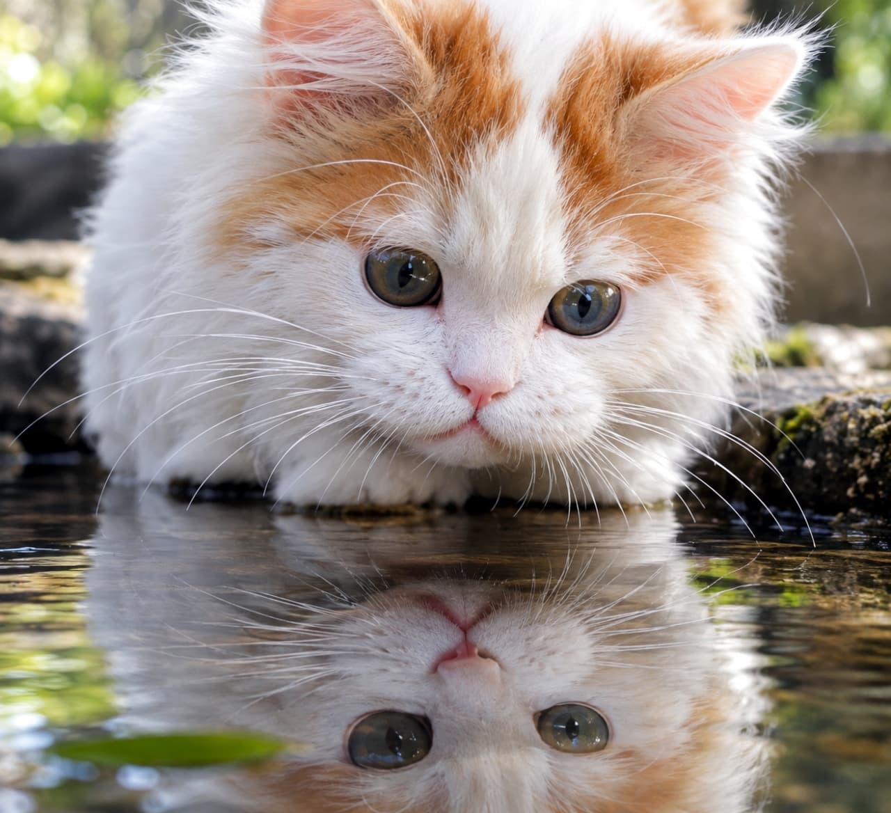 「水鏡の世界へようこそ🪞 ぷっくりωのひげ袋が上下にピタリと合わさる、息を呑むほど美しいリフレクションですね✨」Ultra-realistic high-quality close-up photograph of a Turkish Van kitten bringing its face extremely close to the water surface. Its large eyes and puffy ω-shaped whisker pads are beautifully reflected like a mirror, creating a fantasy-like atmosphere. 水面に顔を極限まで近づけるターキッシュバン子猫の超リアルなクローズアップ写真。澄んだ水面には子猫の大きな瞳とふっくらとしたω形のウィスカーパッドが鏡のように美しく反射し、幻想的な世界観を作り出している