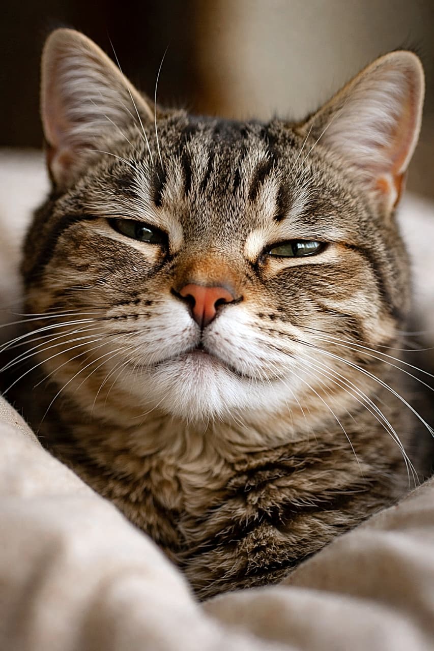 「起きたてほやほやでまだ夢の中みたいな表情。ふにっとしたヒゲ袋と“w口”がたまらない、癒し全開のご長寿にゃんこ🐾」A photorealistic close-up of an elderly tabby cat just waking up, featuring puffy whisker pads and a soft, relaxed “w”-shaped mouth, with half-open sleepy eyes in warm natural light. 目覚めたばかりの老猫のキジトラを捉えたフォトリアルなクローズアップ。ふっくらしたヒゲ袋と、やさしく緩んだ“w字”の口元、眠たげに半開きの目が温かな自然光に包まれている