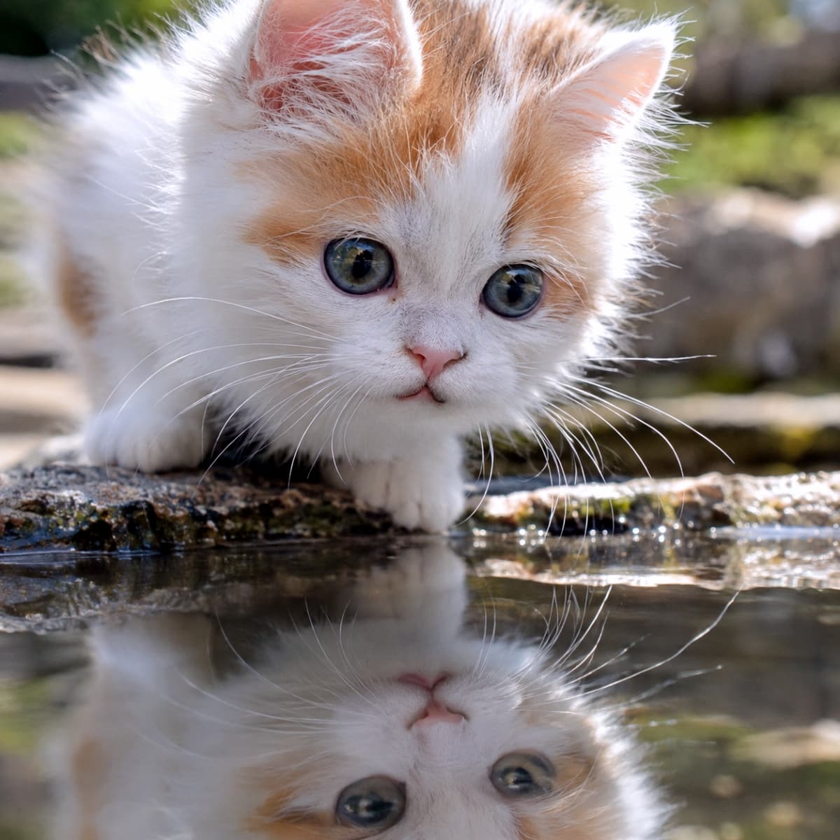 「水鏡に映る自分に興味津々?🐾 ぷっくりしたωのお口が上下に並ぶ、奇跡のダブルωショットです✨」Ultra-realistic high-quality photograph of a Turkish Van kitten peering into the water from a rocky edge. Its face and magnificent ω-shaped whisker pads are clearly reflected on the water surface, bathed in natural light. 水辺の岩場から水面を覗き込む、ターキッシュバンの子猫の超リアルな高品質写真。水面に自身の顔と立派なω形のウィスカーパッドが鮮明に反射しており、自然光がふわふわの被毛を美しく照らしている