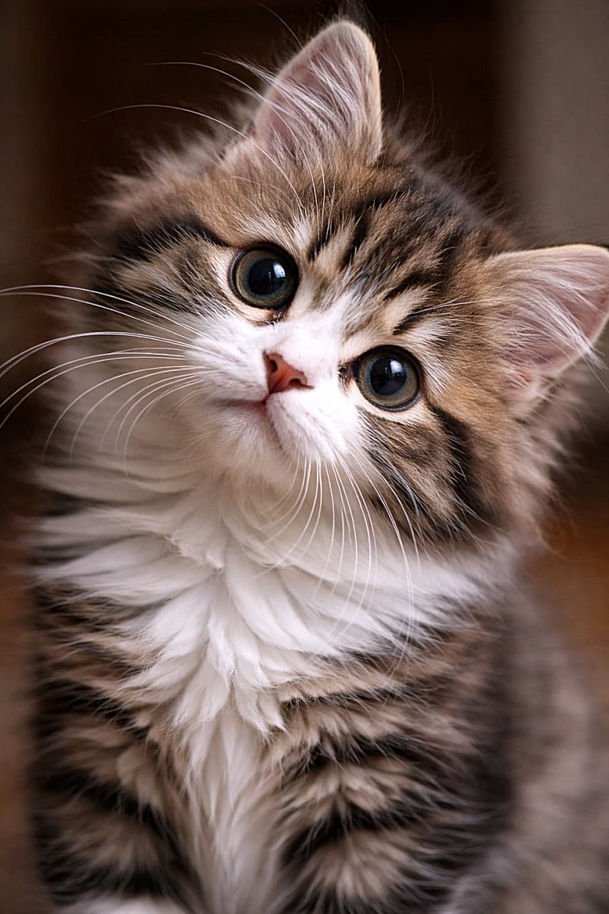 「首かしげて「なにそれ？」って顔がたまらない…！ぷくぷくほっぺとW字のお口で可愛さフルスロットルな子猫さん🐾💛」A photorealistic close-up of a fluffy mixed-breed kitten tilting its head, with prominent puffy whisker pads and a tightly closed cute W-shaped feline mouth, looking directly at the camera. ふわふわのミックス子猫が首をかしげてカメラを見つめるフォトリアルなクローズアップ。ぷっくりしたウィスカーパッドと、きゅっと閉じたW字の口元が印象的