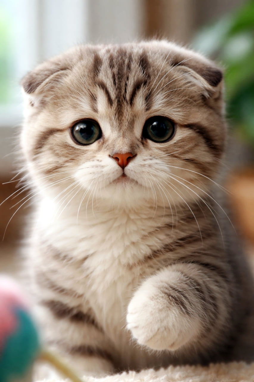 「遊びの途中でピタッと停止…このω口、反則級のかわいさ。ふわふわひげ袋に思わずツンツンしたくなる瞬間を切り取りました！」A photorealistic close-up of a folded-ear kitten pausing mid-play, facing forward with soft, prominent puffy whisker pads and a cute 'w' shaped pouty mouth. 遊びを止めた瞬間の折れ耳の子猫のフォトリアルなクローズアップ。正面を向き、ふっくらしたひげ袋とかわいいω口が際立っている