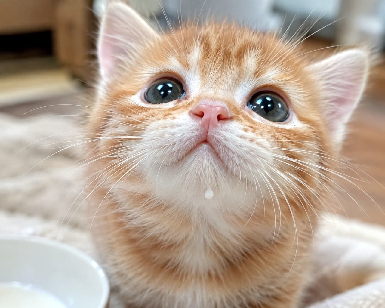 「あざとい…!でも可愛いから許す!😭💕 ミルクの証拠と完璧なωなお口。この組み合わせは反則級の可愛さですね🍼✨」A photograph capturing a decisive moment of a ginger kitten with a drop of white milk on its mouth, likely just after drinking. Its innocent upward gaze and the puffy ω-shaped whisker pads, further highlighted by the milk, are adorable. ミルクを飲んだ直後なのか、口元に白い一滴をつけた茶トラの子猫。上を見上げるあどけない表情と、ミルクによってさらに強調されたぷっくりしたω形のウィスカーパッドが愛らしい決定的な瞬間