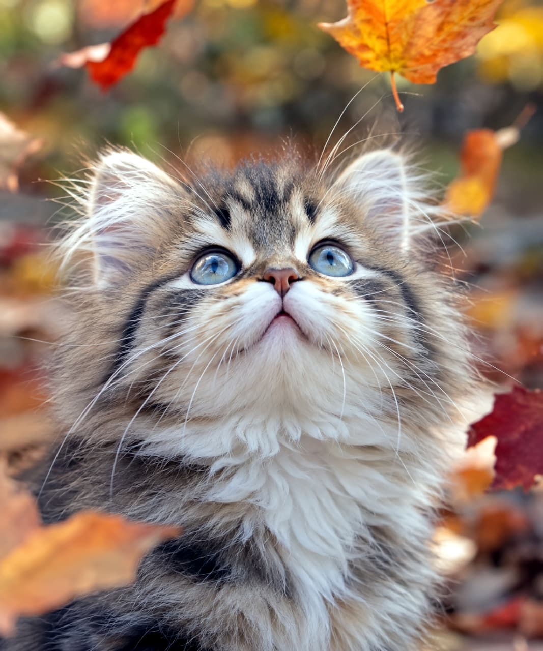 「落ち葉をキャッチできるかな?🍁 秋の深まりを感じる芸術的な一枚。真剣な上目遣いとωが最高です😻」Ultra-realistic high-quality photograph of a fluffy Siberian kitten earnestly looking up at falling red autumn leaves. Its beautiful blue eyes and curious, puffed ω-shaped whisker pads stand out against the colorful autumn background. 舞い落ちる赤い秋の葉を真剣に見上げる、ふわふわなサイベリアン子猫の超リアルな高品質写真。美しい青い瞳と、好奇心で少し膨らんだω形のウィスカーパッドが、色鮮やかな紅葉の背景によく映えている