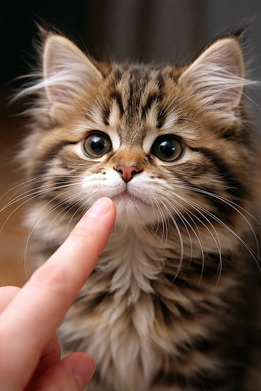 「指先に夢中！ふわふわメインクーン子猫の「ω口」が思わずツンツンしたくなる可愛さ」A photorealistic close-up of a curious Maine Coon kitten staring at a human fingertip, with prominent puffy whisker pads and a distinct 'w' shaped mouth, inviting a gentle poke. 人差し指をじっと見つめる好奇心いっぱいのメインクーン子猫のクローズアップ。ふわふわの頬と特徴的な「ω」型の口元が可愛らしい