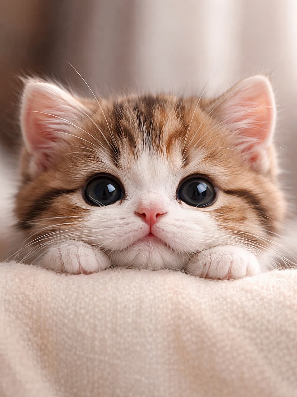 「ふわふわのブランケットでまったり、つぶれた「ω」の口がたまらなく可愛いマンチカン子猫♪」A photorealistic close-up of a tiny Munchkin kitten resting its chin on a soft blanket, with prominent puffy whisker pads and a squished 'w' shaped cute mouth. 柔らかいブランケットにあごをのせる小さなマンチカン子猫のクローズアップ。ふっくらしたひげ袋とつぶれた「ω」型の可愛い口が特徴