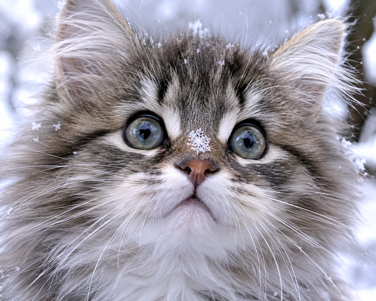 「お鼻に冷たい雪のプレゼント❄️ 驚いたようなお顔と、完璧なωのフォルムが冬の寒さも吹き飛ばす可愛さです☃️💕」An ultra-realistic high-quality photograph of a Norwegian Forest kitten with a beautiful snowflake on its nose. Set against a snowy background, it stares directly with clear greenish eyes and adorable, puffy ω-shaped whisker pads. 鼻先に美しい雪の結晶を乗せたノルウェージャンフォレストキャットの子猫。雪景色を背景に、透き通るような緑がかった瞳で真っ直ぐこちらを見つめている。ウィスカーパッドのふっくらとしたωが愛らしい