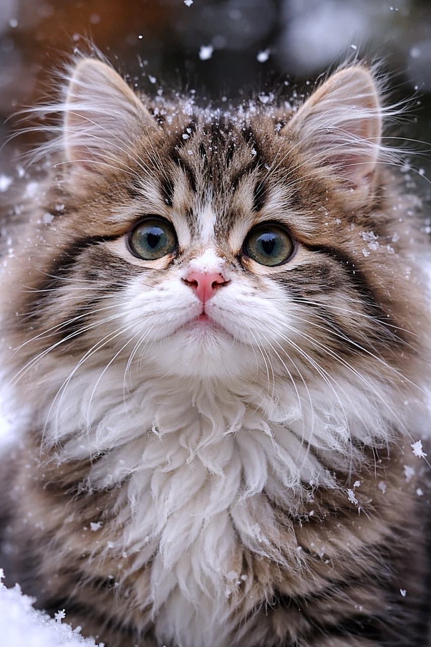 「雪の結晶がちょこん！ふわふわひげパッドとびっくり「ω」口が超キュートな子猫です♪」A photorealistic close-up of a Norwegian Forest kitten with a single snowflake on its pink nose, highlighting its fluffy whisker pads and slightly surprised 'w' shaped pouty mouth. ノルウェージャンフォレストキャットの子猫が鼻先に雪の結晶を乗せた、ふわふわのひげパッドと少し驚いたような「ω」口のクローズアップ写真