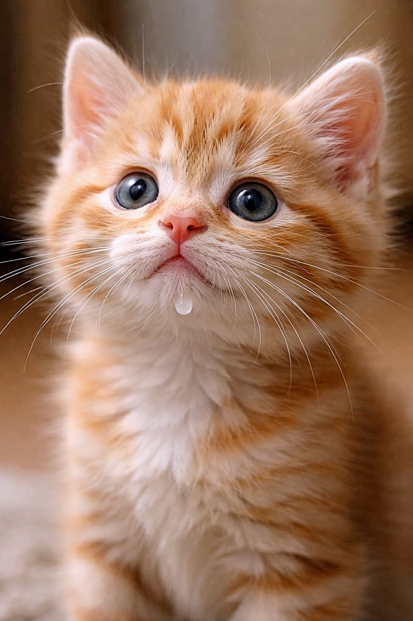 「ふっくらひげパッドにω口がたまらない！あごのミルクしずくがキュートなオレンジ子猫」A photorealistic close-up of a 5-week-old orange tabby kitten with puffy whisker pads and a 'w'-shaped cute mouth, a tiny milk drop on its chin. 生後5週間のオレンジタビー子猫のクローズアップ。ふっくらしたひげパッドとω型の口、あごに小さなミルクのしずく付き