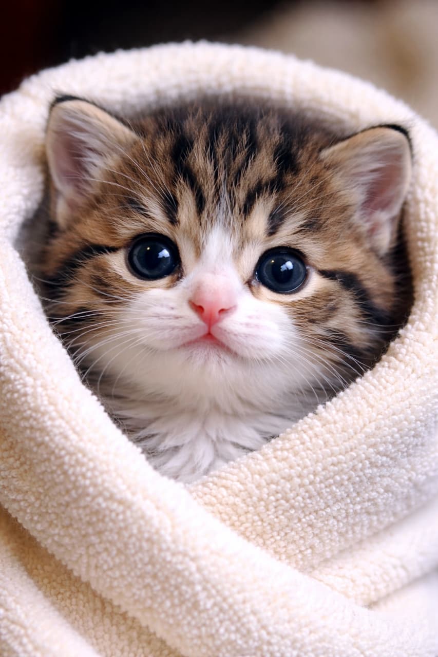 「タオルにくるまれて安心モード全開。ふにっとしたω口とほっぺに、思わず守りたくなる可愛さがぎゅっと詰まってます。これはずるい…！」A photorealistic close-up of a 4-week-old rescue kitten wrapped snugly in a soft towel, featuring puffy whisker pads and a relaxed w-shaped cute mouth. タオルにくるまれた生後4週の保護子猫のフォトリアルな接写。ふっくらしたヒゲ袋とリラックスしたω口が特徴